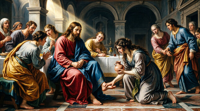A repentant woman anoints Jesus with sacred oil, embodying divine forgiveness and pure love.