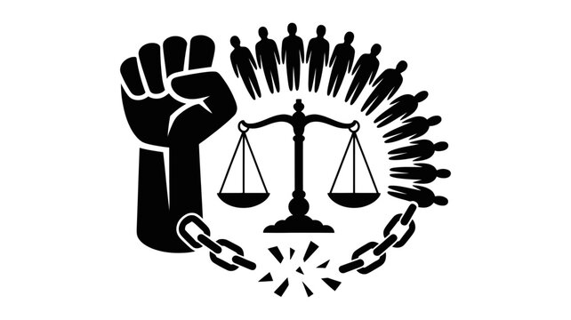 Fist raised with scales of justice and chain activism equality strength struggle movement demonstration