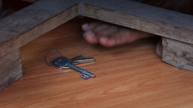 Close up of Asian man hand reaching hidden house keys under wooden table indoors. Secret spare key storage concept for home access, security, emergency backup, and property safety.