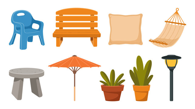 Set of garden and patio furniture icons including chair bench hammock parasol and potted plants with furniture