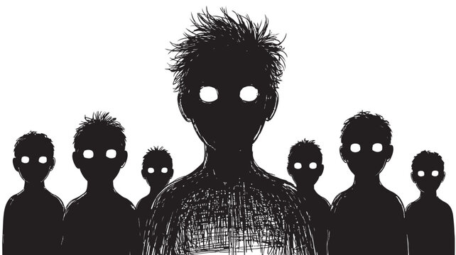 Group of dark shadowy figures with glowing white eyes in an ominous and eerie setting nightmare silhouette