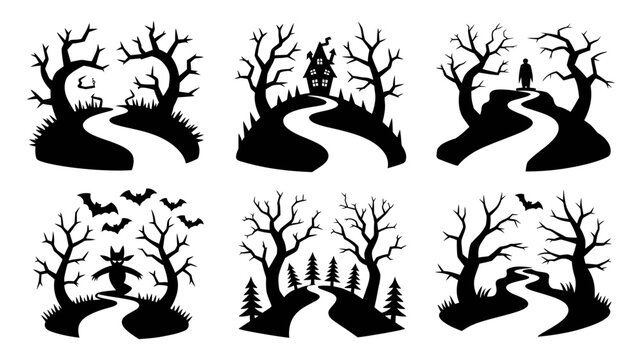 Spooky forest path silhouettes collection for halloween and mystery designs with silhouettes, halloween