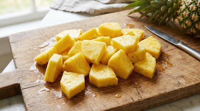 Fresh pineapple chunks on wooden cutting board with natural pineapple plant