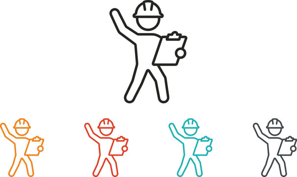Construction worker with hard hat and clipboard waving hand vector icon set for industrial safety
