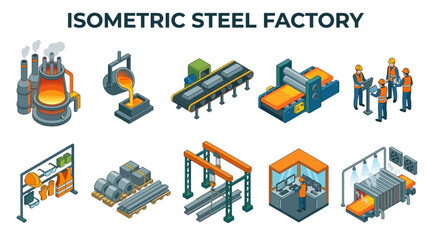 Fototapeta premium Isometric Steel Factory Collection of Industrial Production and Manufacturing Elements