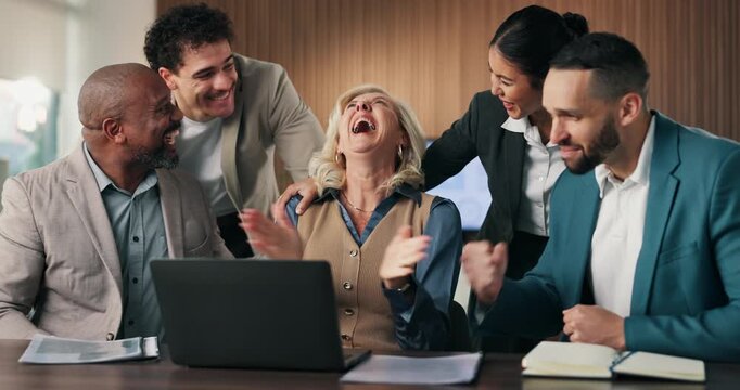 Computer, applause and business people with high five for success, investment or achievement. Excited, celebration and accountant team with manager praise for winning, goals or good news in office