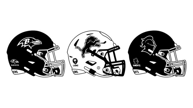 American football helmet vector icons set showing offense defense and special teams poses on white background