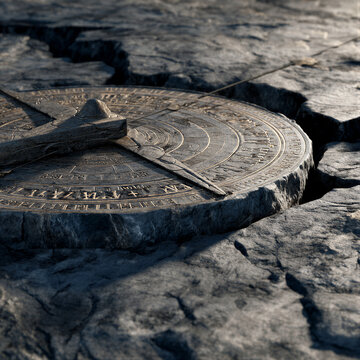 Ancient stone sundial on rough bluestone under bright noon sun, casting sharp shadows and warm gold tones. Clean layout provides ample copy space, ideal for summer solstice and time management themes.