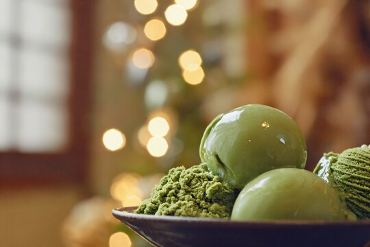 Matcha ice cream, selective focus bokeh