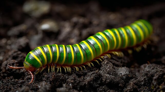 A vibrant green and yellow millipede crawling on dark soil with tiny legs and antennae