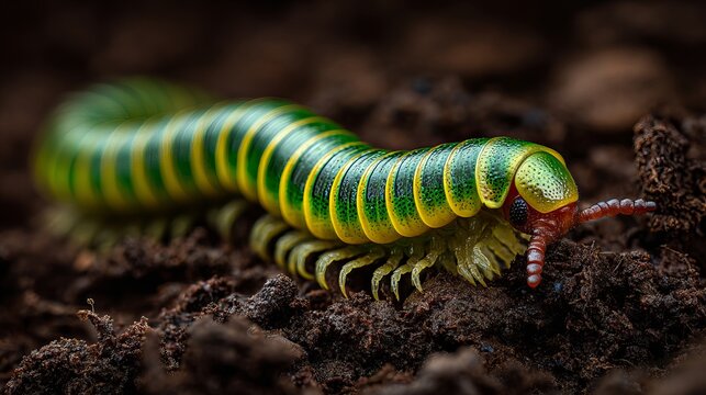 A vibrant green and yellow millipede crawling on dark brown soil with many legs and a distinctive body pattern
