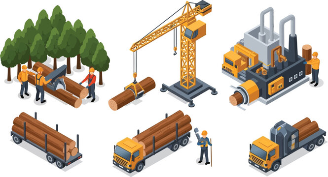 Isometric logging industry set featuring forest harvesting machinery timber transport trucks sawmill processing equipment and workers in vector illustration