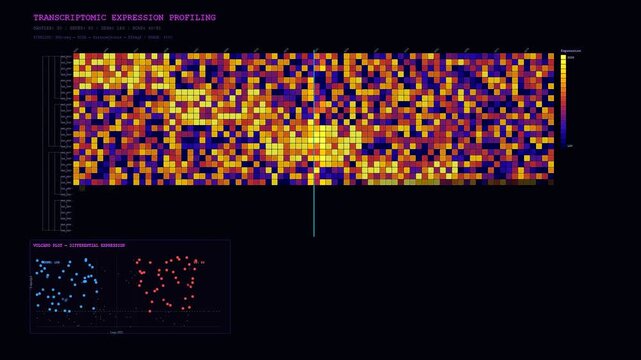 This digital visualization of CRISPR Genome Editing displays a growing heatmap of transcriptomic data points alongside complex volcano plots for advanced scientific laboratory research applications.