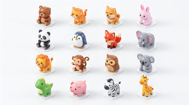 Colorful 3D cartoon animals set including dog cat pig elephant and more