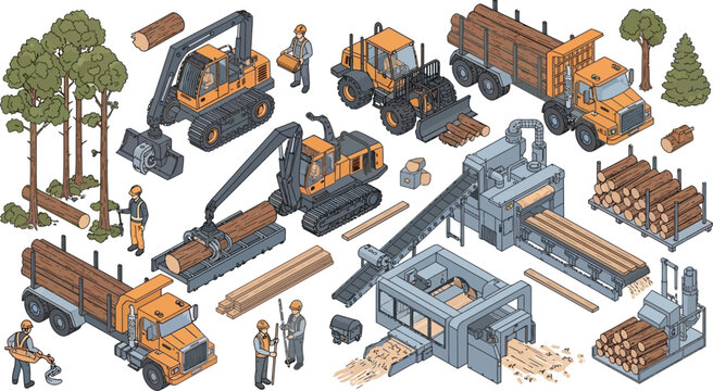 Isometric logging industry set with forestry machinery trucks workers and timber processing equipment for industrial wood production vector illustration