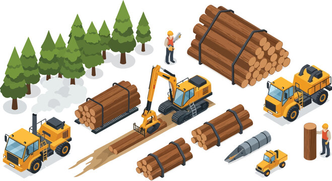 Isometric logging industry set with forestry machinery trucks timber piles and workers in a forest environment vector illustration