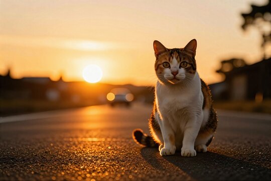 Calico cat, golden hour sunset