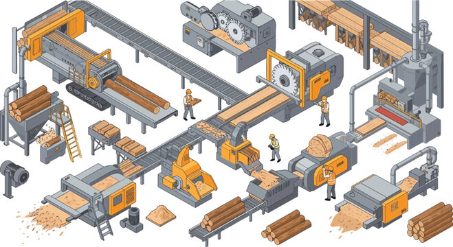 Isometric sawmill production line with workers operating heavy machinery for processing timber logs into lumber in a factory setting