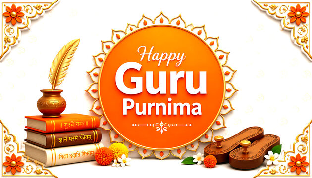 Happy guru purnima celebration with books and feather pen