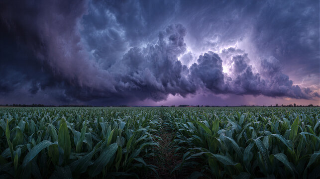 Dark cumulonimbus storm clouds hover over a dewy green cornfield, pierced by purple lightning. Cinematic wide landscape with ample sky space for weather alerts and agricultural campaigns.