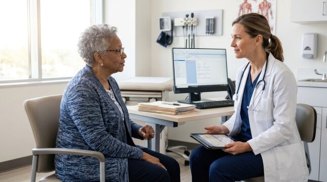 A female doctor sits with an older woman in a medical office. The doctor is holding a tablet and speaking with the patient, who is listening attentively.