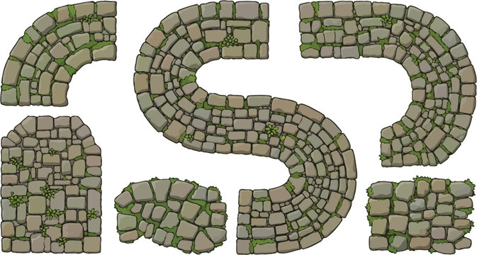 Set of stone path tiles with mossy textures for game level design and fantasy map building vector illustration