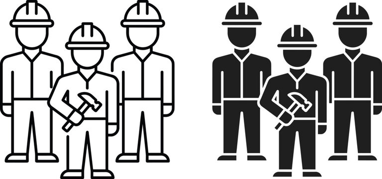 Group of construction workers wearing hard hats holding hammer vector icon set for industrial labor team