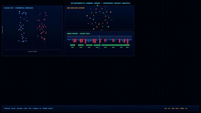 Scientific charts for CRISPR Genome Editing dynamically update on a screen showing gene connections forming and sequence data scrolling during a high tech experiment