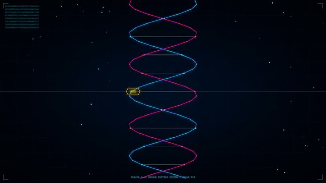 A futuristic digital display shows CRISPR Genome Editing in action as a highlighted scanner moves along a stylized DNA double helix during a scientific simulation.