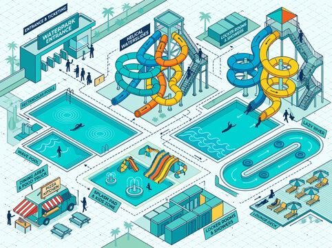 Isometric Waterpark Map Design with Waterslides, Swimming Pools, Splash Pad, and Leisure Facilities Infographic