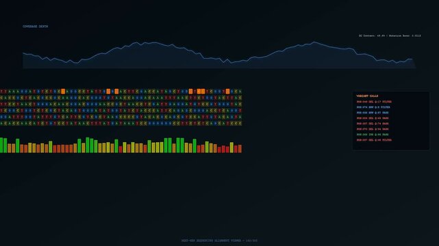 Advanced bioinformatics software scrolls through real time CRISPR Genome Editing data analysis showing nucleotide sequences and coverage depth graphs for genetic research in a laboratory setting.