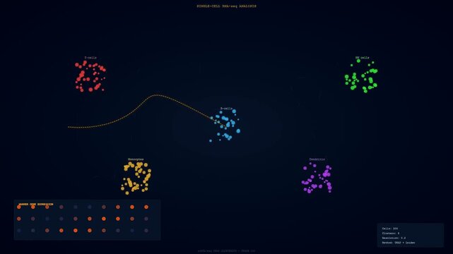 Advanced bioinformatic software uses CRISPR Genome Editing tools to visualize cellular trajectory data while dynamic particles move across different biological clusters in a science animation.