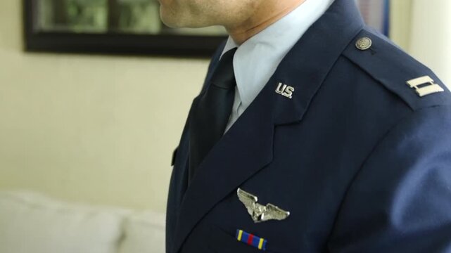U.S. Air Force Officer in Dress Uniform With Pilot Wings and Service Ribbon Closeup