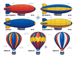 Set of Vintage Airships and Hot Air Balloons Illustrations. Retro Blimp, Zeppelin, and Colorful Aero Voyager Vector Icons for Travel, Adventure, and Aviation Projects. © Isroatun
