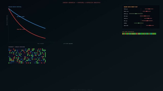 This medical visualization demonstrates how CRISPR Genome Editing helps analyze cancer survival rates through interactive graphs showing genetic mutation patterns and hazard ratio forest plots.
