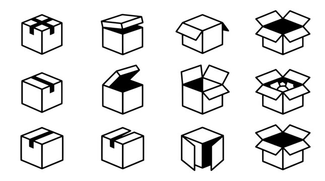 Boxes open and closed icon pack with 3D line style, shipping and storage symbols for UI, web, and logistics graphics