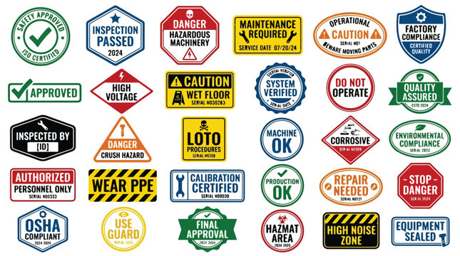 Industrial safety signs and warning labels set, 30 factory compliance and hazard icons, OSHA compliant workplace security stickers vector