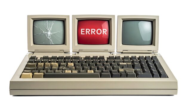 Three retro computer screens are set on an old keyboard. One screen is cracked, another displays "ERROR," and the last is blank