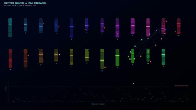 Sophisticated CRISPR Genome Editing software displays moving data points and interactive karyotype sequences highlighting complex genetic variations across a dark blue laboratory screen for scientists