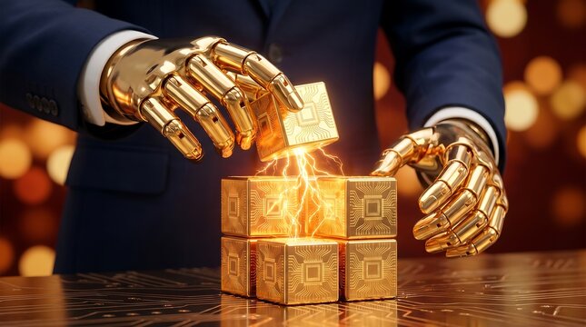 AI powered business solutions featuring robotic hand interaction, symbolizing advanced data management for digital transformation and future enterprise growth.