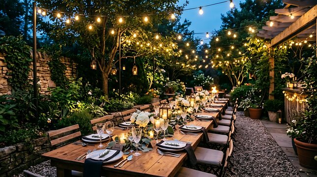 Outdoor dining setup with string lights in garden