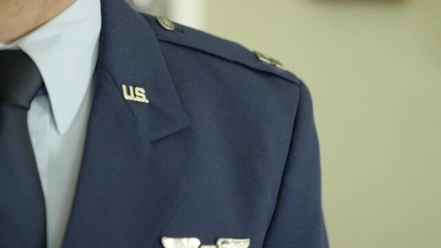 U.S. Air Force Officer in Dress Uniform With Pilot Wings and Service Ribbon Closeup