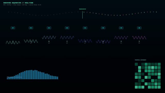 A sophisticated digital interface shows CRISPR Genome Editing processes with DNA strands moving through nanopores while real time data charts and genetic sequences fluctuate across the screen.