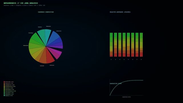 Dynamic laboratory software interface showcasing CRISPR Genome Editing results through interactive taxonomic pie charts and relative abundance bar graphs during a high tech metagenomics study.
