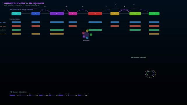This scientific animation shows how CRISPR Genome Editing tools facilitate RNA processing and alternative splicing within complex genomic structures for advanced molecular biology research.
