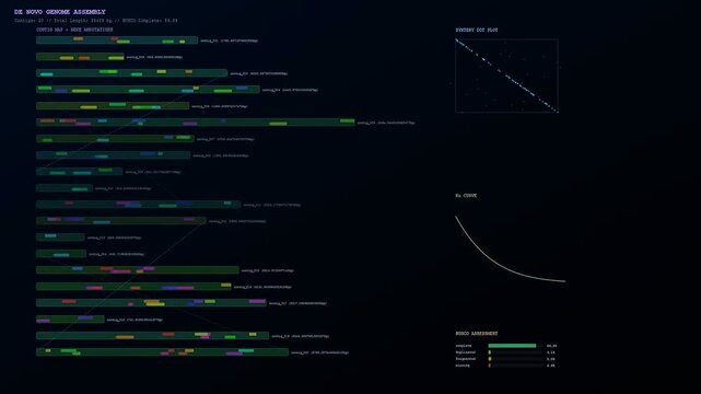 Advanced software interface for CRISPR Genome Editing displays complex DNA sequencing data and bioinformatics analysis on a dark futuristic digital dashboard for laboratory research.