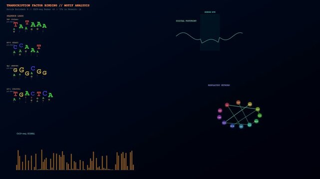 Scientific analysis of CRISPR Genome Editing processes is displayed on a futuristic interface featuring sequence motifs and dynamic network diagrams for advanced biological data interpretation.