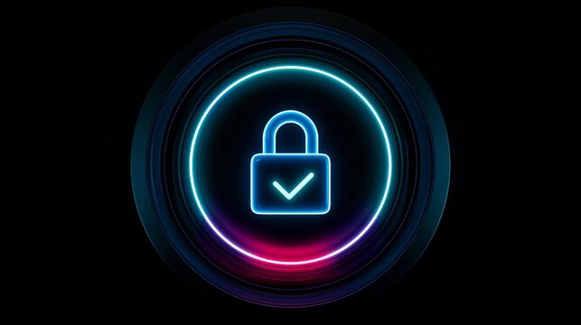 Neon lock icon inside a circular shape with a glowing background at night