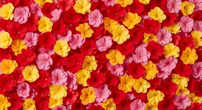 Vibrant red pink and yellow primrose flowers background pattern