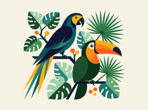Tropical Birds Vector Illustration Featuring Blue Macaw and Toucan with Exotic Monstera Leaves and Jungle Foliage in Flat Graphic Style